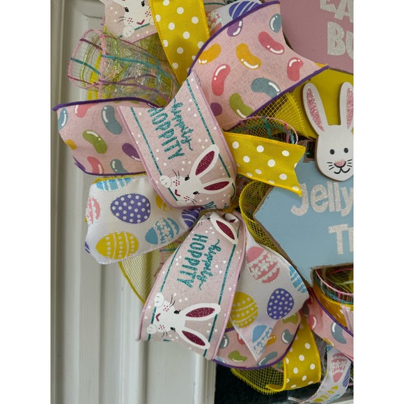 Easter Bunny Jelly Bean Trail Egg Hunt Sign Mesh Ribbon Spring Wreath - Picture 5 of 8